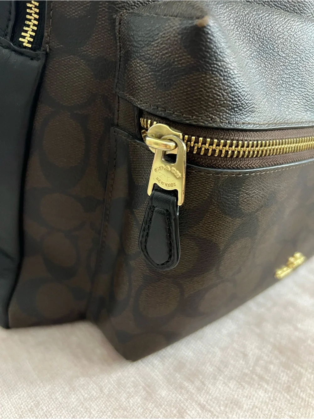 Coach Dark Brown Signature Canvas & Black Trim Backpack with Gold Hardware